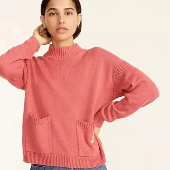 J.Crew X Cotton Cashmere Patch Pocket Mock-neck Sweater Pink - Picture 1 of 13